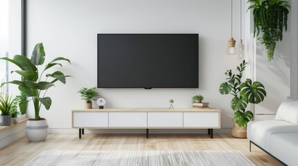 3D Mockup a TV wall mounted with decoration in living room and white wall.
