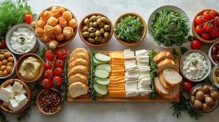 Turkish breakfast with olives, tomatoes, cucumbers, cheeses. AI generate illustration