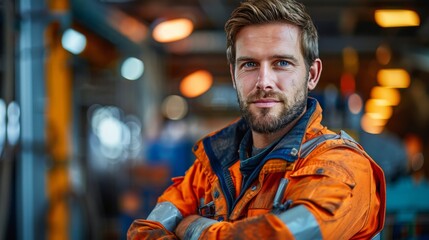 Fototapeta premium Close-up portrait of a confident young male construction worker with a beard, wearing a safety helmet in an industrial workshop..