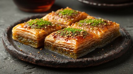 Baklava with layers of flaky pastry, nuts, and sweet syrup in an elegant manner. AI generate illustration