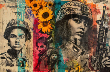 A colorful collage featuring iconic graffiti,  soldiers holding guns and children playing with sunflowers, all set against a backdrop of rainbow stripes, contrast to war