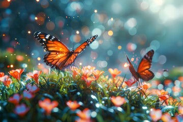 Two pollinating butterflies fluttering above a field of flowers