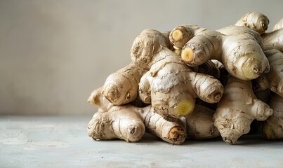 Fototapeta premium A cluster of fresh organic ginger roots, their unique textures and warm tones set against a soft white background, ideal for a clean, minimalist aesthetic, with space for text