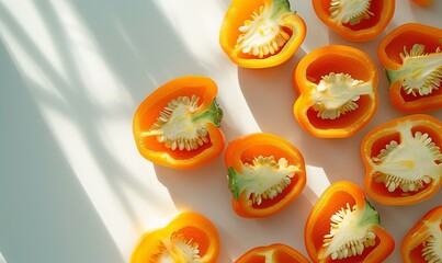 A display of sliced organic orange bell peppers, their bright, cheerful color standing out on a light background, ideal for a fresh, clean look, with space for text