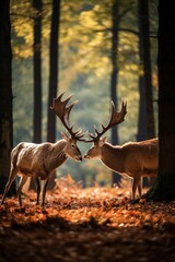Wildlife documentary shot of two male deer locking antlers during mating season, natural forest setting