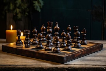 Vintage chessboard set up for a game, old wooden pieces with rich patina, nostalgic and timeless feel