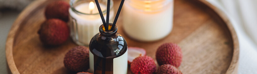 Oriental interior, Bali, Thai vibes banner. Sweet home perfume with tropical exotic fruits. Reed...
