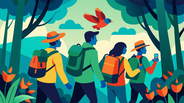 A team of birdwatchers trekking through a forest their backpacks filled with gear as they search for elusive reded finches and bluecrowned parakeets.. Vector illustration