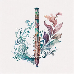 Floral Ornamental Watercolor Illustration of Clarinet