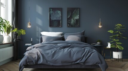 mockup frame, dark bed and dark blue wall in bedroom interior.