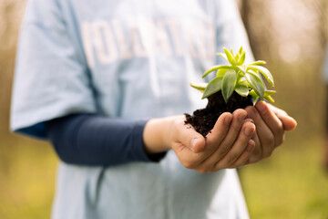 Young volunteer holding a small green sprout in her hands, symbolizing natural environment...