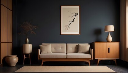 Minimalist Japanese-style interior with wooden elements, a dark wall and a sofa in calm restrained colors