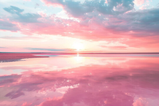 A pink sunset reflecting on the calm surface of a pink lake.