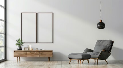 Poster mockup with vertical frames on empty white wall in living room interior with velvet armchair.