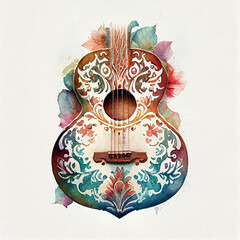 Floral Ornamental Watercolor Illustration of Acoustic Guitar