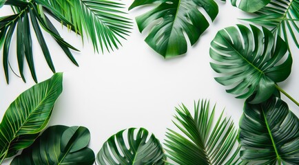 Frame of tropical green leaves on white background with copy space.
