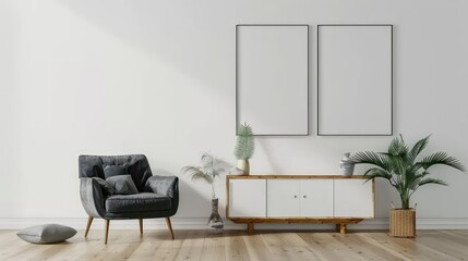 Poster mockup with vertical frames on empty white wall in living room interior with velvet armchair.