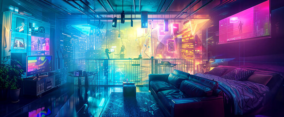 Modern interior of neon cyberpunk style apartment overlooking a futuristic city. In the room you can see high-tech gadgets, screen, sofa and bed. 