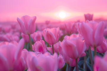 A pink sunset casting a warm glow over a field of blooming pink tulips.