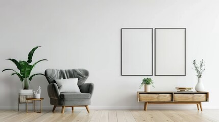 Poster mockup with vertical frames on empty white wall in living room interior with velvet armchair.