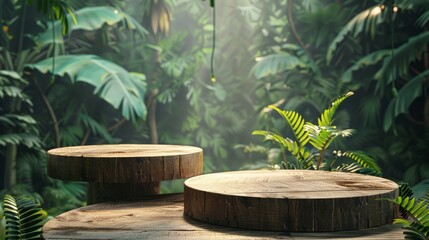 Product presentation with a wooden podium set amidst a lush tropical forest, enhanced by a vibrant green backdrop. - Powered by Adobe