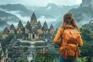 A solo traveler with a backpack overlooking ancient ruins in a misty valley