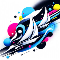 AI generated illustration of An abstract sailboat, surrounded by a dynamic swirl of colours