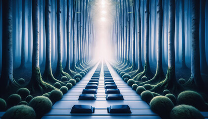 Obraz premium A surreal landscape with a path of piano keyboards leading through a mystical forest of tall