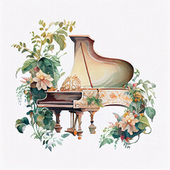 Floral Ornamental Watercolor Illustration of Grand Piano