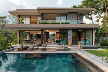 Modern luxury home with sleek design and open outdoor spaces, featuring a swimming pool