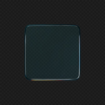 3d glass square shape with refraction and holographic effect isolated on black background. Render transparent crystal glass button with dispersion light, rainbow gradient. 3d vector illustration