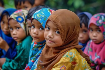 Muslim little girls in traditional clothes at the local market in India.