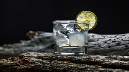 Vodka, lime wedge with ice in rocks glass on log with black background. Generative AI  - obrazy, fototapety, plakaty