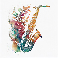 Floral Ornamental Watercolor Illustration of Saxophone