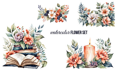 watercololor floral illustration set. separate flowers, book, candle, isolated white background for design