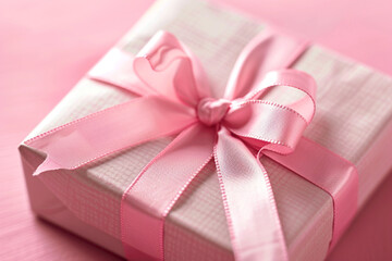 A pink ribbon tied in a bow around a gift box with a pink background.