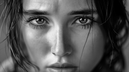 Sad intense gaze of a young woman in a black and white close-up portrait.
