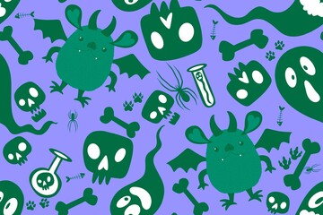 Halloween cartoon monsters seamless ghost and bones and poison pattern for wrapping paper and fabrics