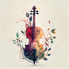 Floral Ornamental Watercolor Illustration of Violin
