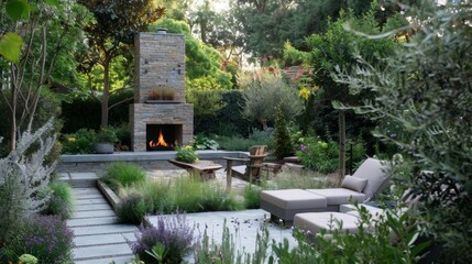 A crackling fireplace takes center stage in this modern garden adding a cozy element to the outdoor space. 2d flat cartoon.