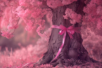A pink ribbon tied around the trunk of a majestic pink tree. - Powered by Adobe