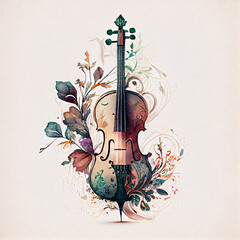 Floral Ornamental Watercolor Illustration of Violin