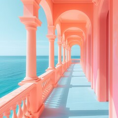 Pink hues of a Mediterranean-style terrace overlooking a blue ocean. AI.