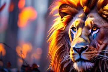 In the wild, a lion ambles across a burning woodland. A sense of dread permeates the forest as orange and yellow flames envelop it. The lion's fur is emphasized by the vibrant hues.