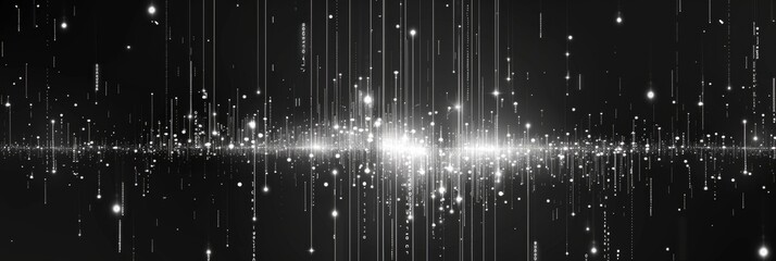 Black background with white glowing data and digital lines Abstract technology or big universe of computer code pattern design for banner Generative AI