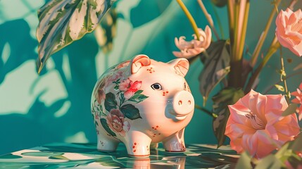 piggy bank with money decorated