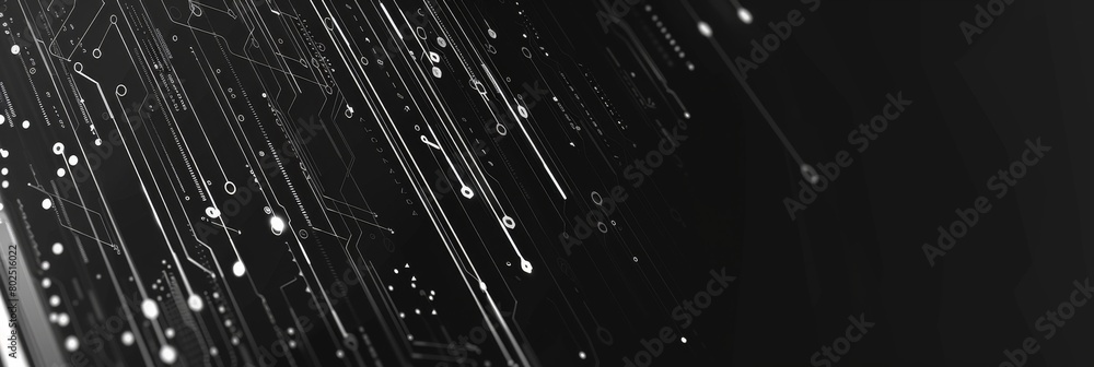 Poster black background with white glowing digital data lines and shapes abstract technology or futuristic 