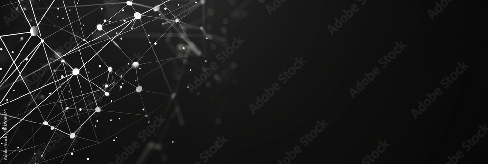 Poster black background with white digital lines and dots in the upper left corner, representing technology