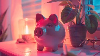 Aesthetic futuristic pink piggy bank, lots of copy space, 3d render
