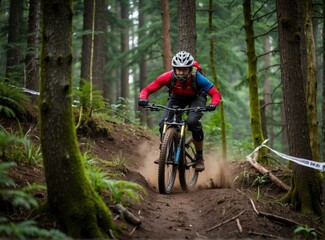 A mountain biker rides through a forest. AI.